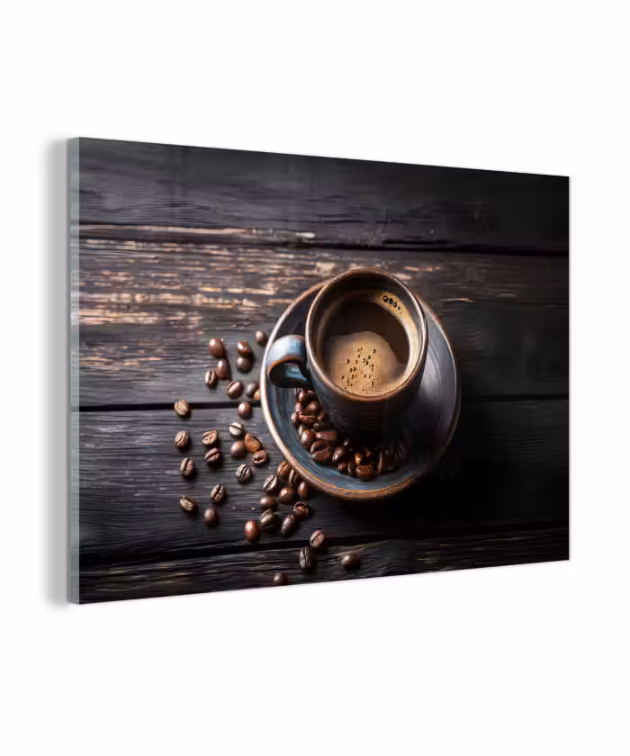 Glasbild - Tasse - Kaffee - Holz - Bohnen