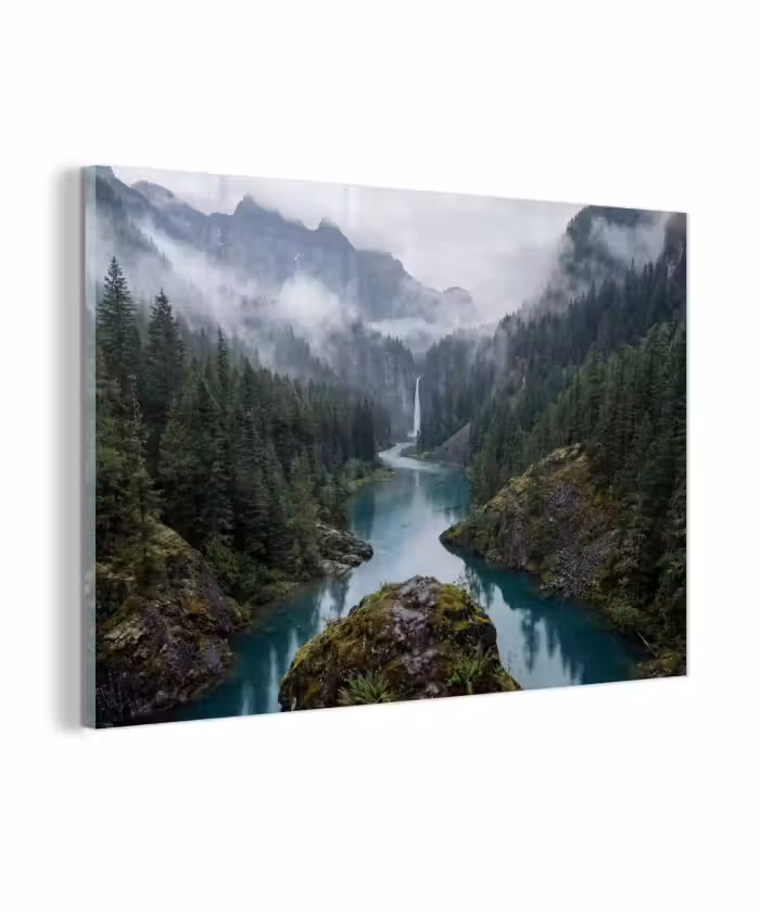 Glasbild - Wasserfall - Bäume - Berge