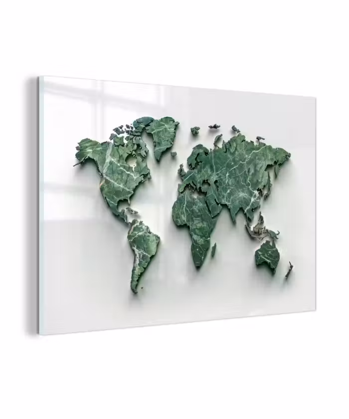 Glasbild - Weltkarte - Blätter - 3D