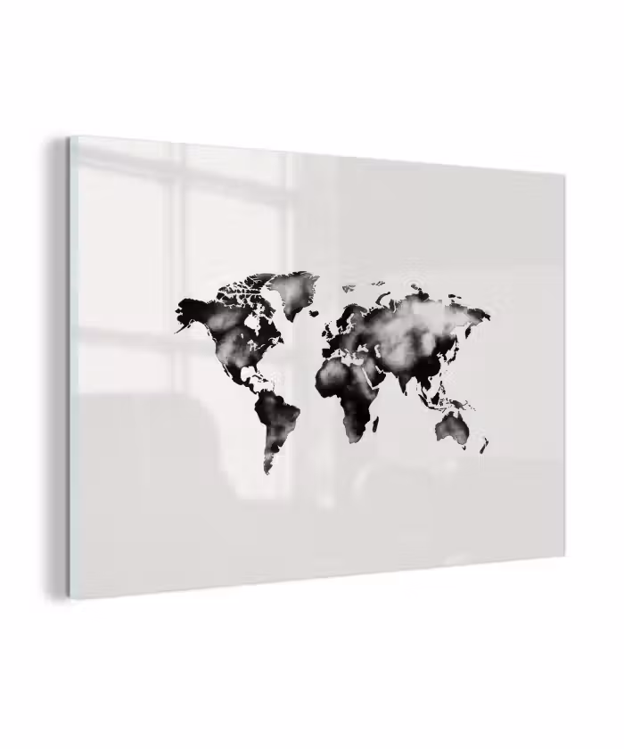 Glasbild - Weltkarte - Schwarz - Tintenwäsche