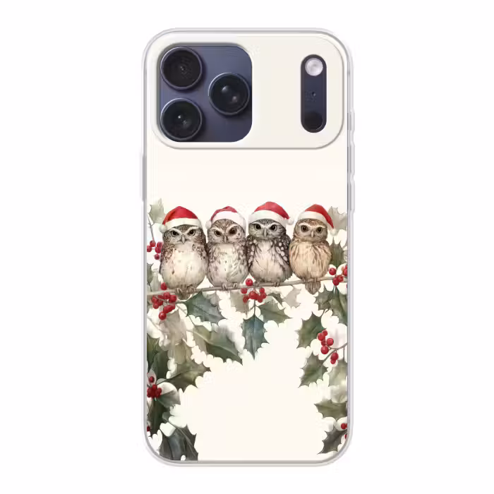 Handyhülle - Eulen - Zweig - Stechpalmenblätter - Weihnachtsmannmütze