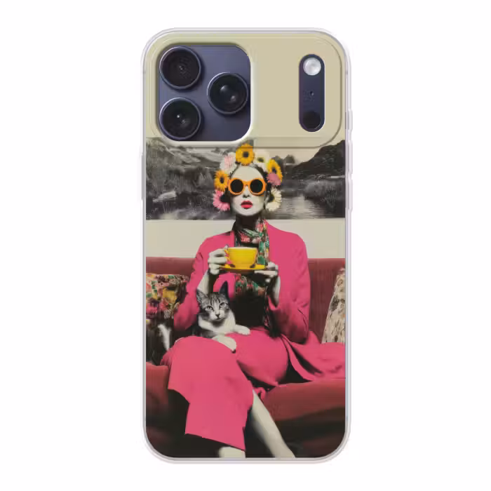 Handyhülle - Frau - Katze - Blumen - Tasse - Retro