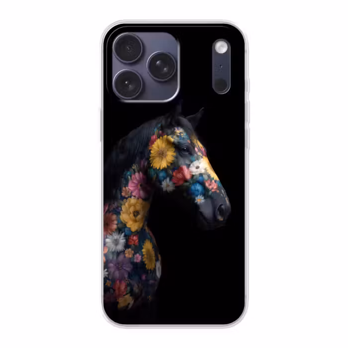 Handyhülle - Pferd - Blumen - Schwarz