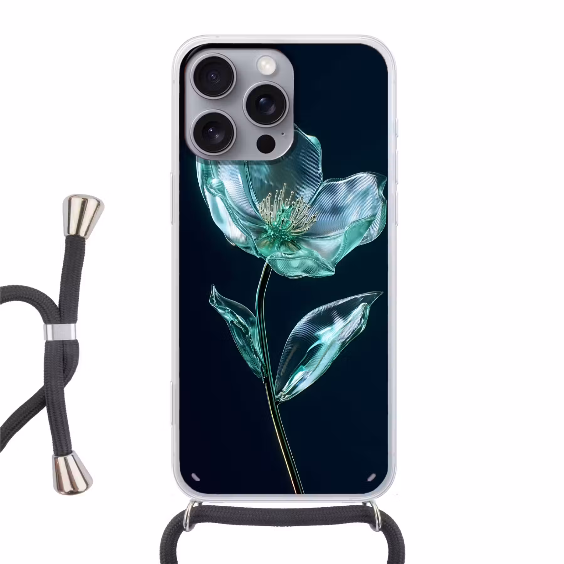Handyhülle mit Band - Blätter - Blume - Gläser - Dunkelblau