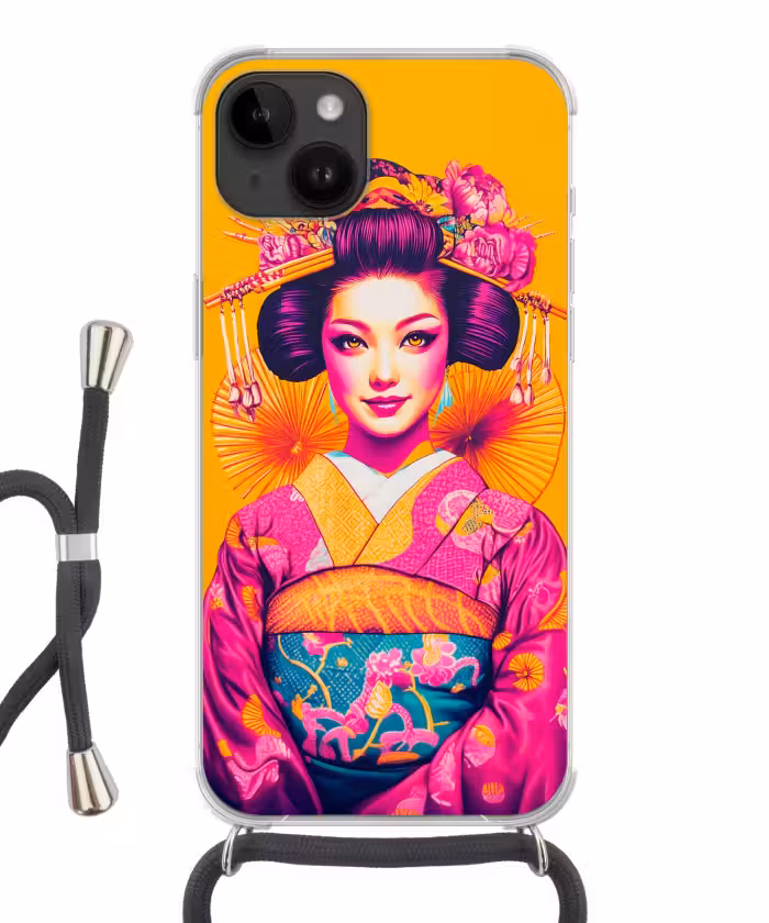 Handyhülle mit Band - Blumen - Frau - Kimono - Rosa