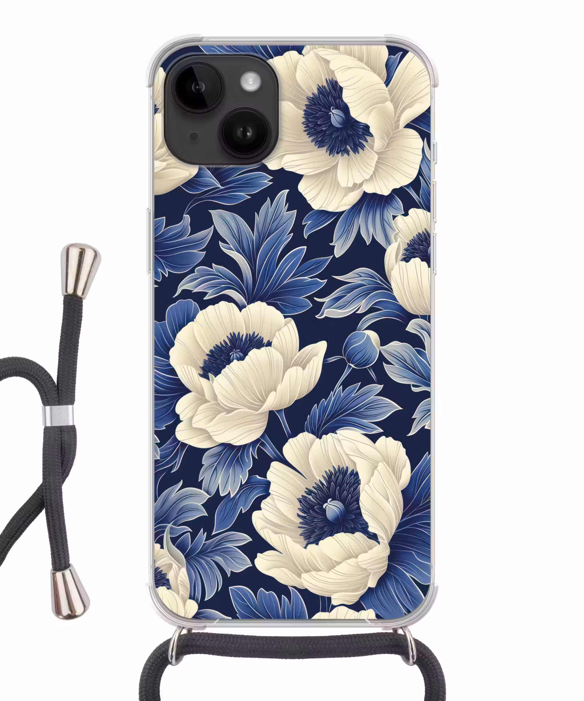 Handyhülle mit Band - Blumen - Muster - Blau - Weiß