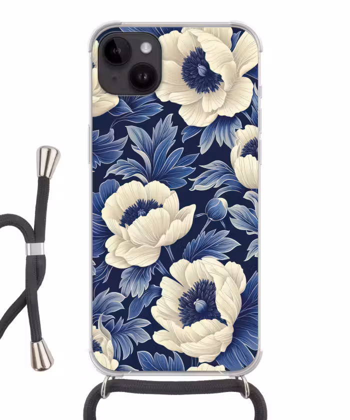 Handyhülle mit Band - Blumen - Muster - Blau - Weiß