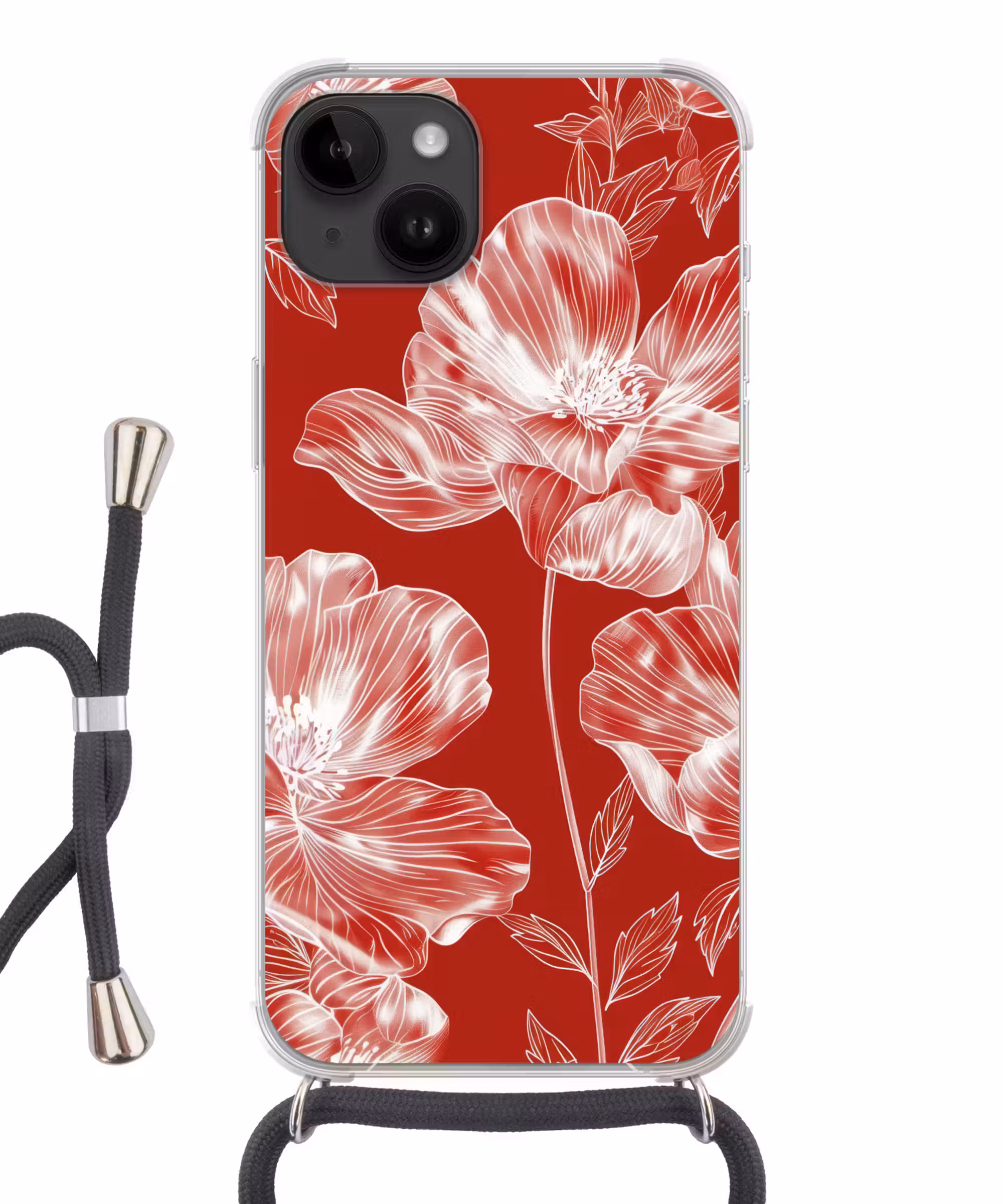 Handyhülle mit Band - Blumen - Muster - Rot - Weiß