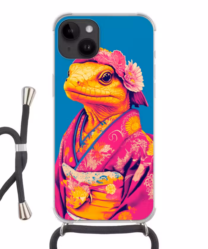 Handyhülle mit Band - Blumenkranz - Eidechse - Kimono - Lila