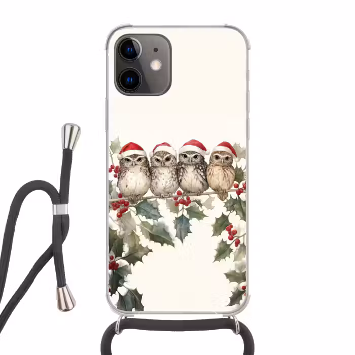 Handyhülle mit Band - Eulen - Zweig - Stechpalmenblätter - Weihnachtsmannmütze