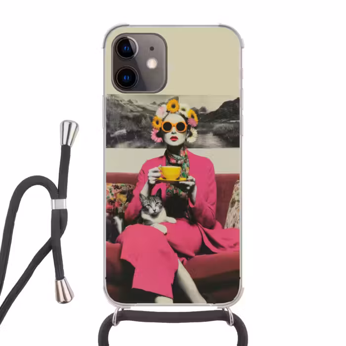 Handyhülle mit Band - Frau - Katze - Blumen - Tasse - Retro