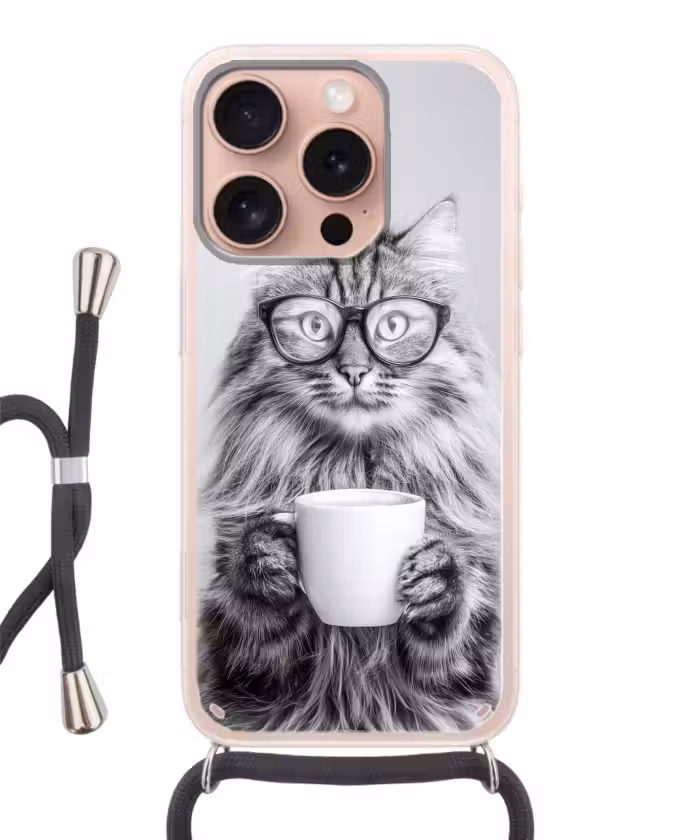 Handyhülle mit Band - Katze - Brille - Becher - Flauschig
