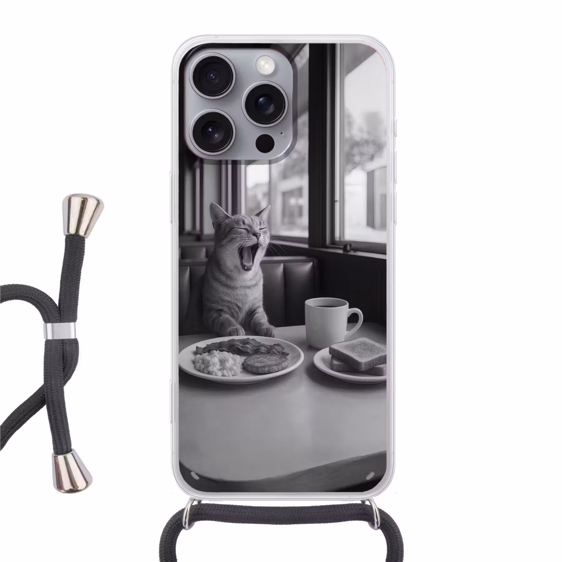 Handyhülle mit Band - Katze - Kaffee - Brot - Schwarz