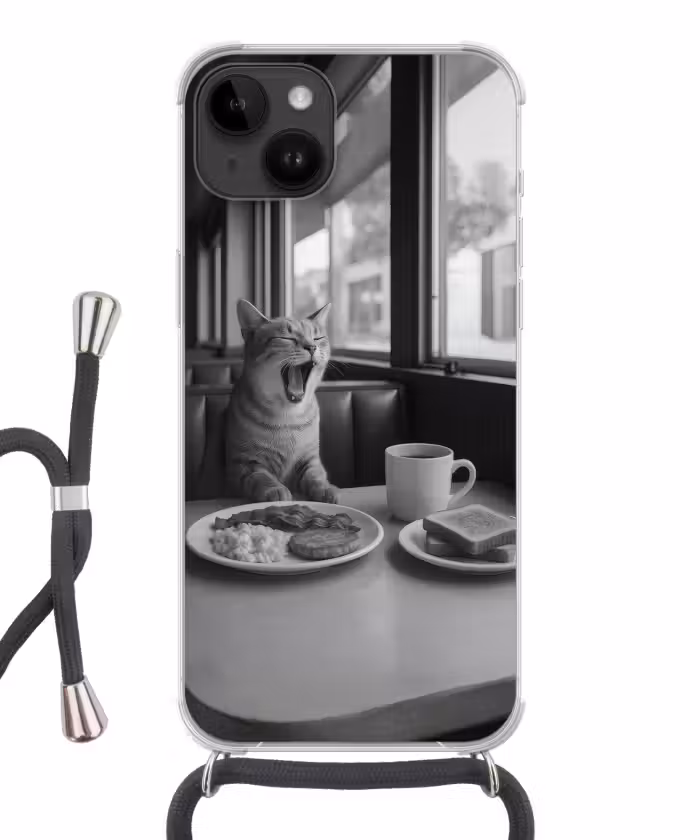 Handyhülle mit Band - Katze - Kaffee - Brot - Schwarz