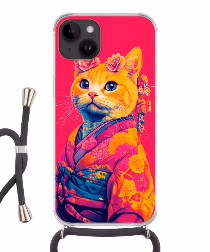 Handyhülle mit Band - Katze - Kimono - Blumen - Rosa