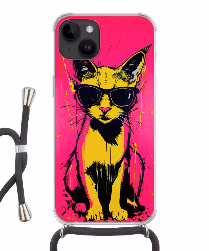 Handyhülle mit Band - Katze - Kunst - Sonnenbrille - Rosa