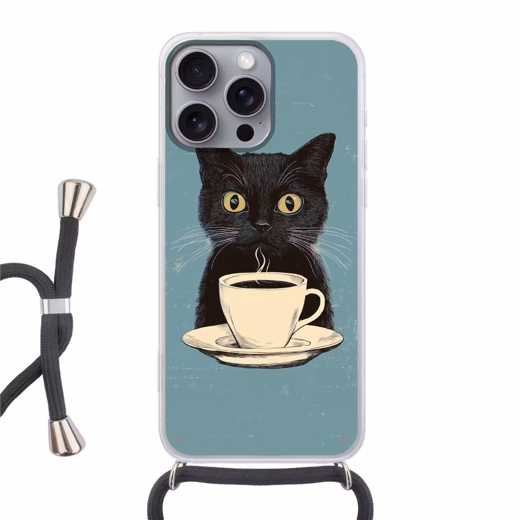 Handyhülle mit Band - Katze - Schwarz - Kaffee - Minimalistisch