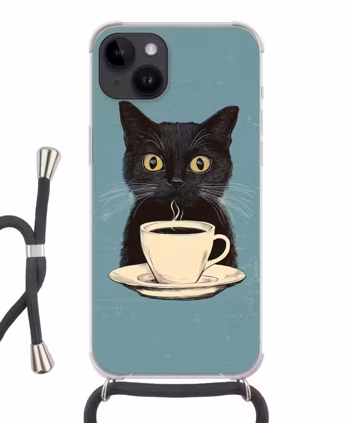 Handyhülle mit Band - Katze - Schwarz - Kaffee - Minimalistisch