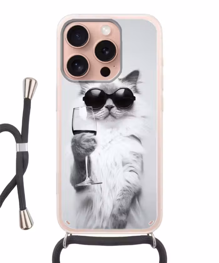 Handyhülle mit Band - Katze - Sonnenbrille - Weinglas - Langhaarig