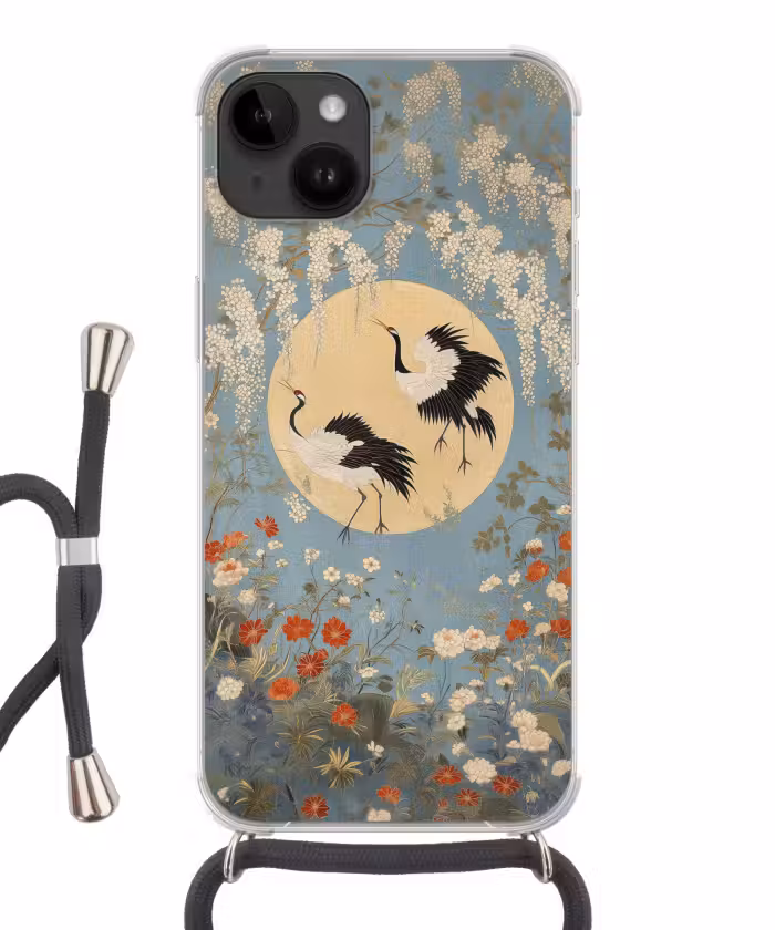 Handyhülle mit Band - Kraniche - Mond - Blumen - Blau