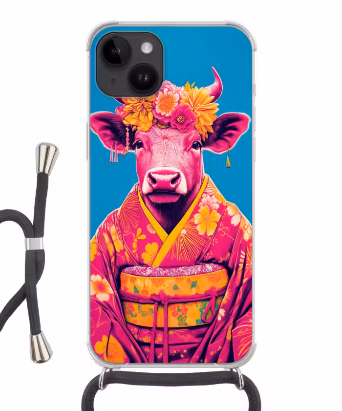 Handyhülle mit Band - Kuh - Blütenkranz - Ohrringe - Kimono