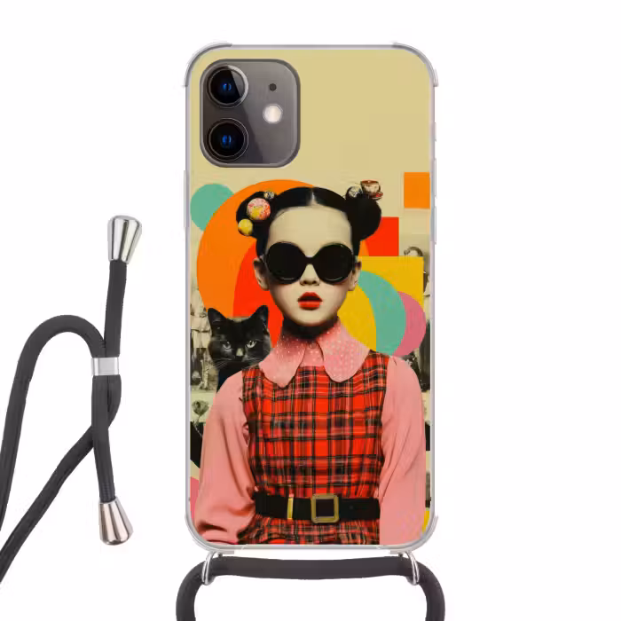 Handyhülle mit Band - Mädchen - Sonnenbrille - Katze - Retro