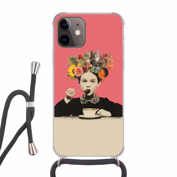Handyhülle mit Band - Mädchen - Tasse - Blumen - Rosa