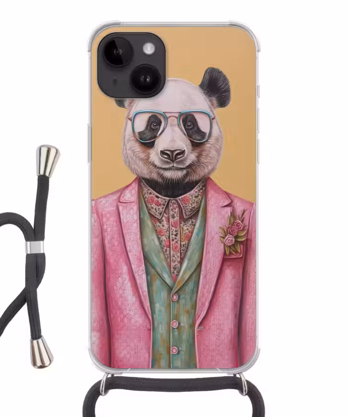 Handyhülle mit Band - Panda - Anzug - Sonnenbrille - Blau