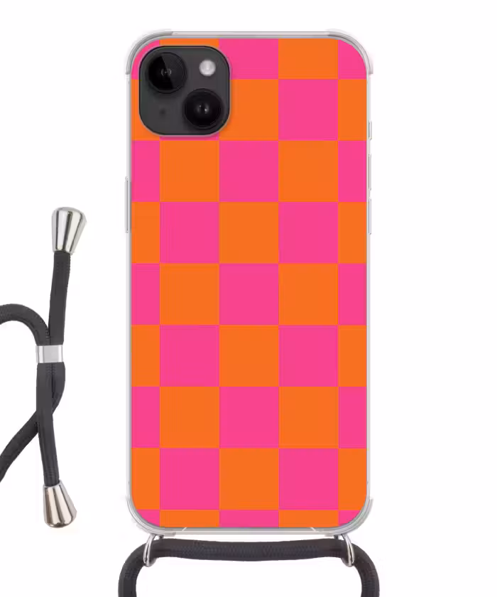Handyhülle mit Band - Schachbrettmuster - Orange - Rosa - Blöcke