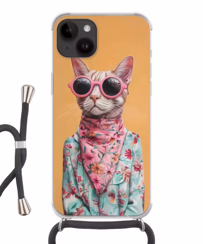 Handyhülle mit Band - Sonnenbrille - Katze - Halstuch - Blumen
