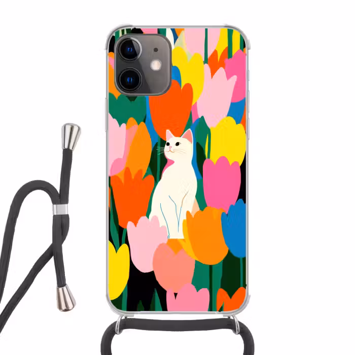 Handyhülle mit Band - Tulpen - Katze - Farbenfroh