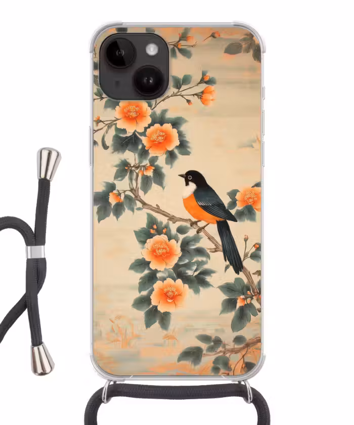 Handyhülle mit Band - Vogel - Zweig - Blumen - Orange
