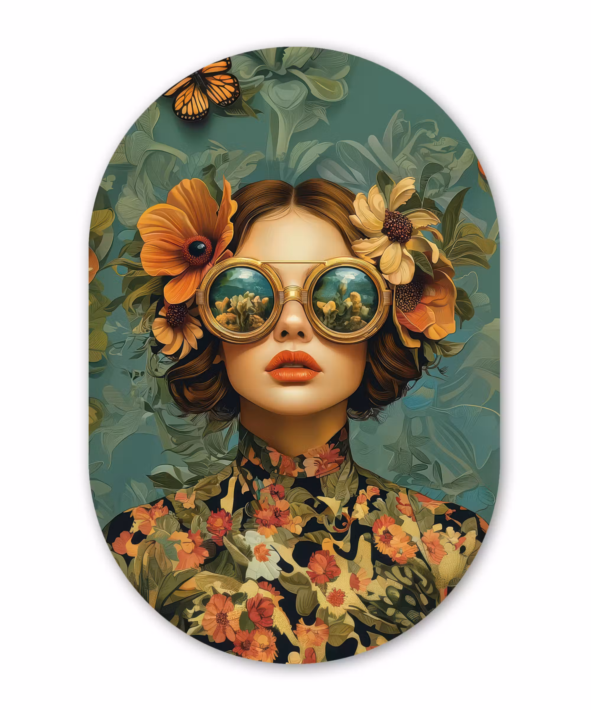 Forexbild Oval - Frau - Blumen - Schmetterlinge - Natur - Vintage