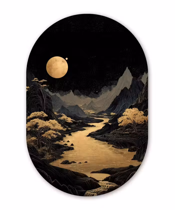Forexbild Oval - Goldener Fluss - Berge - Mond - Sternenhimmel