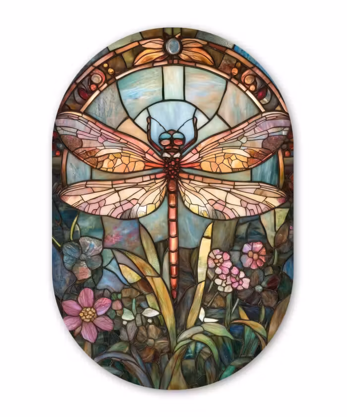 Forexbild Oval - Libelle - Mosaik - Blumen - Farbenfroh