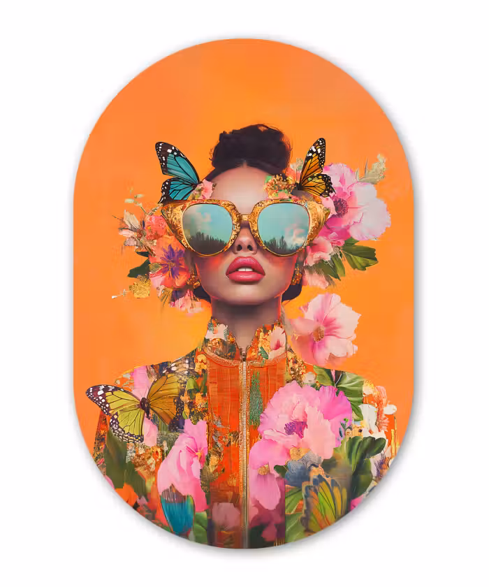 Forexbild Oval - Schmetterlinge - Frau - Sonnenbrille - Bunt
