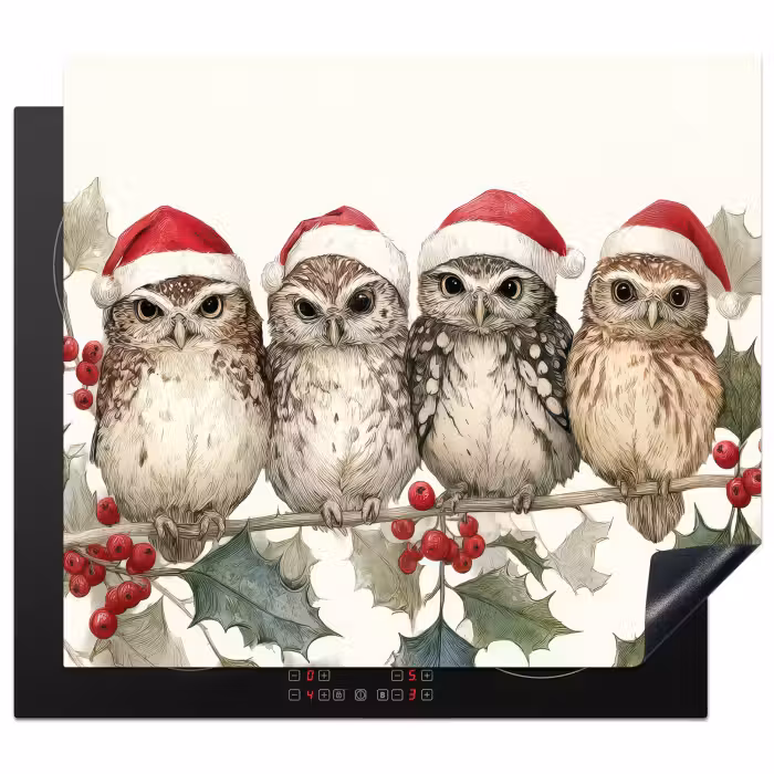 Herdabdeckplatte - Eulen - Zweig - Stechpalmenblätter - Weihnachtsmannmütze