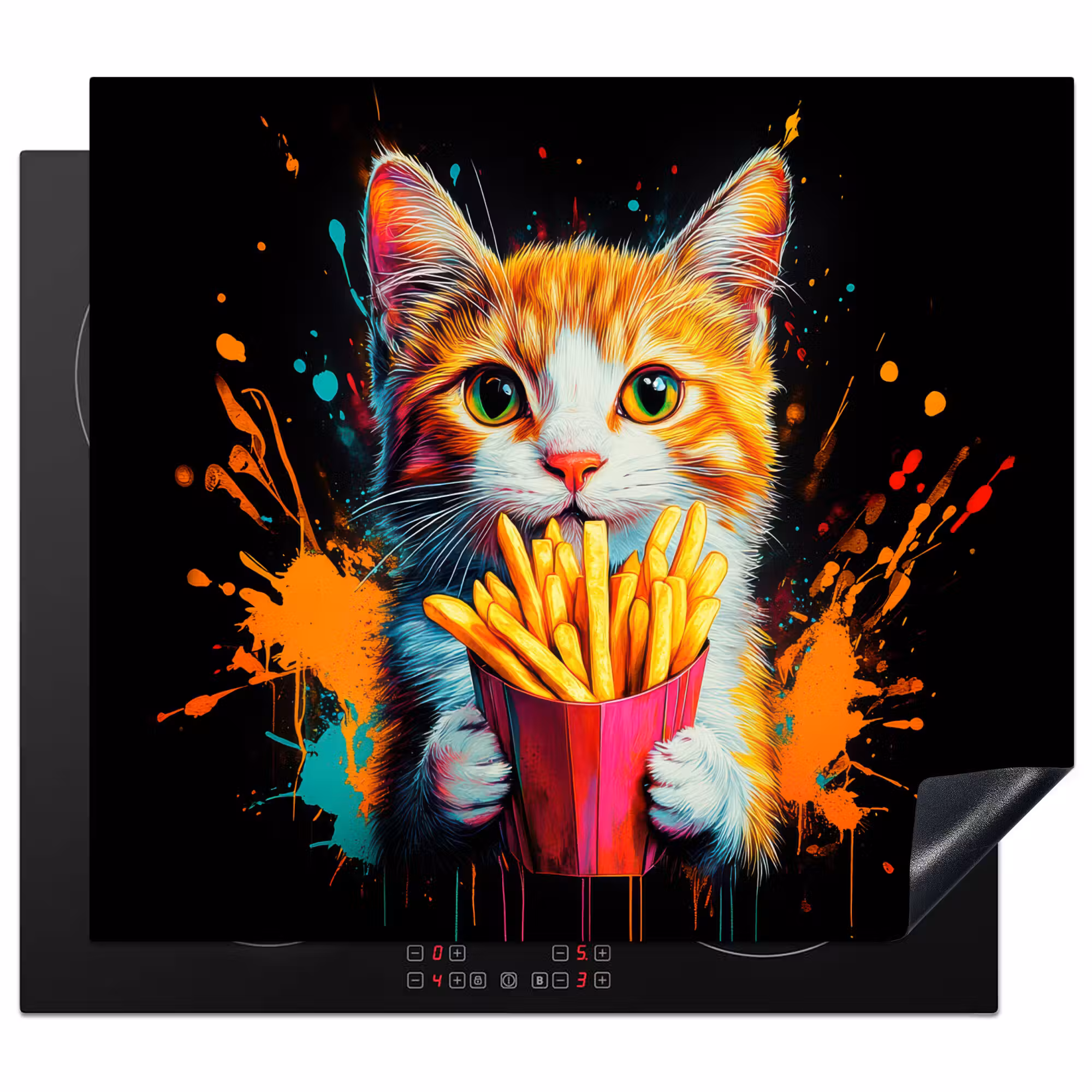 Herdabdeckplatte - Katze - Essen - Pommes frites - Graffiti - Abstrakt