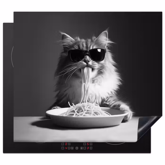 Herdabdeckplatte - Langhaarkatze - Sonnenbrille - Spaghetti - Humor - Schwarz - Weiß