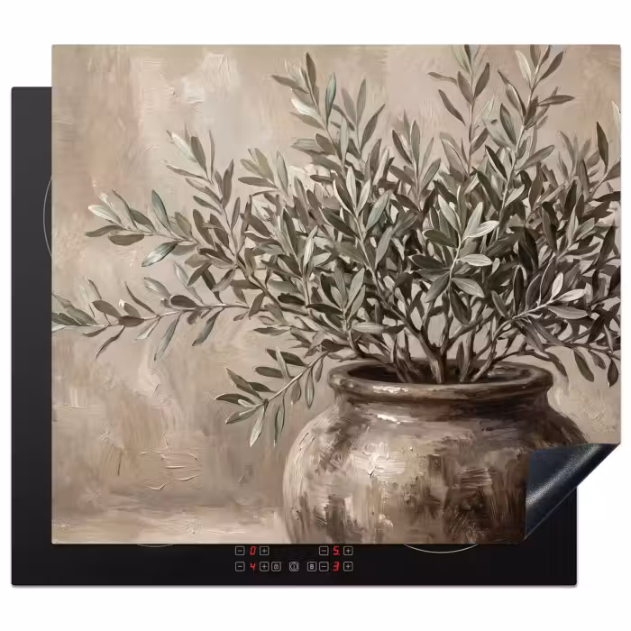 Herdabdeckplatte - Olivenpflanze - Tontopf - Abstrakt - Beige