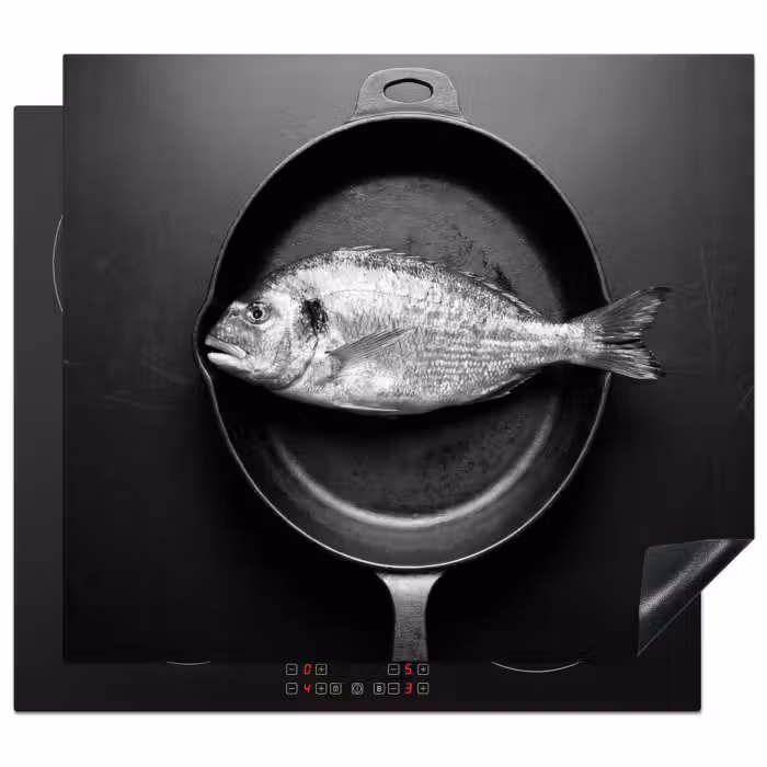 Herdabdeckplatte - Pfanne - Fisch - Schwarz - Weiß