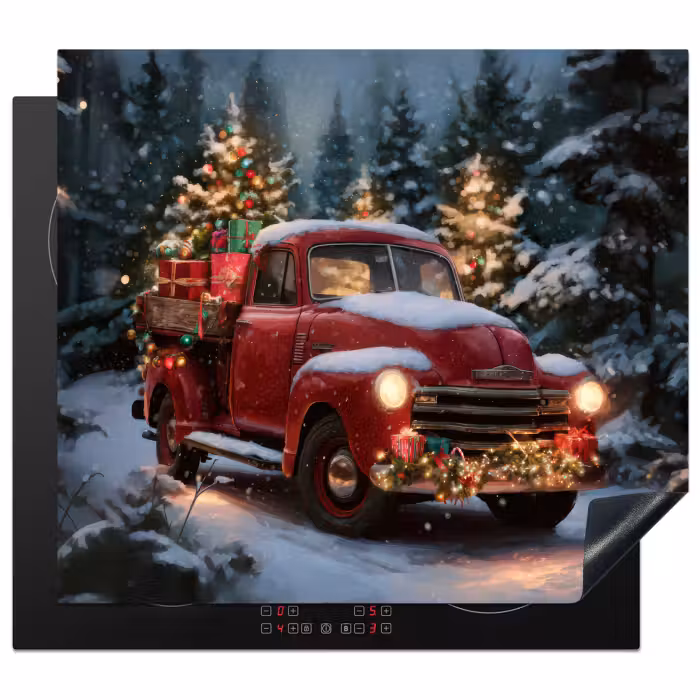 Herdabdeckplatte - Weihnachts-LKW - Schneewald - Rot