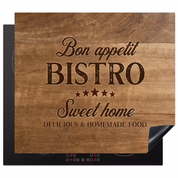 Herdabdeckplatte - Zitat - Bistro - Guten Appetit - Süßes Zuhause - Holzmaserung