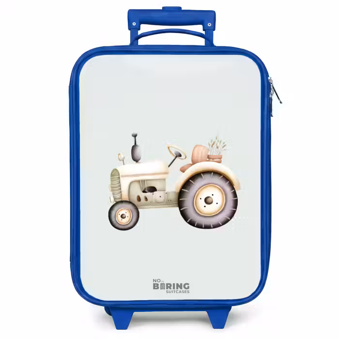 Kinderkoffer Blau - Beigefarbener Oldtimer-Traktor in Pastellgrün