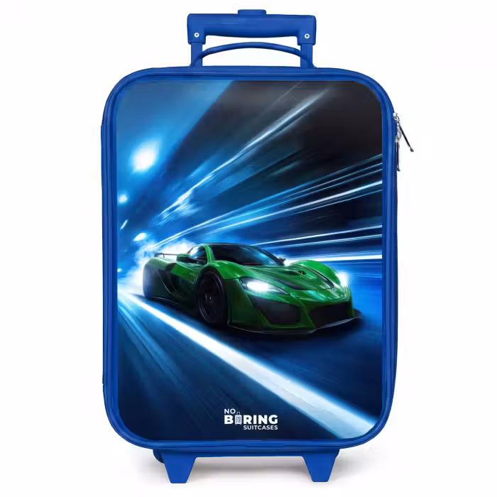 Kinderkoffer Blau - Grünes Superauto blinkt durch Neonlichter