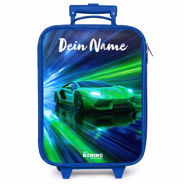 Kinderkoffer Blau mit Name - Sportwagen - Grün - Geschwindigkeitslinien - Neon
