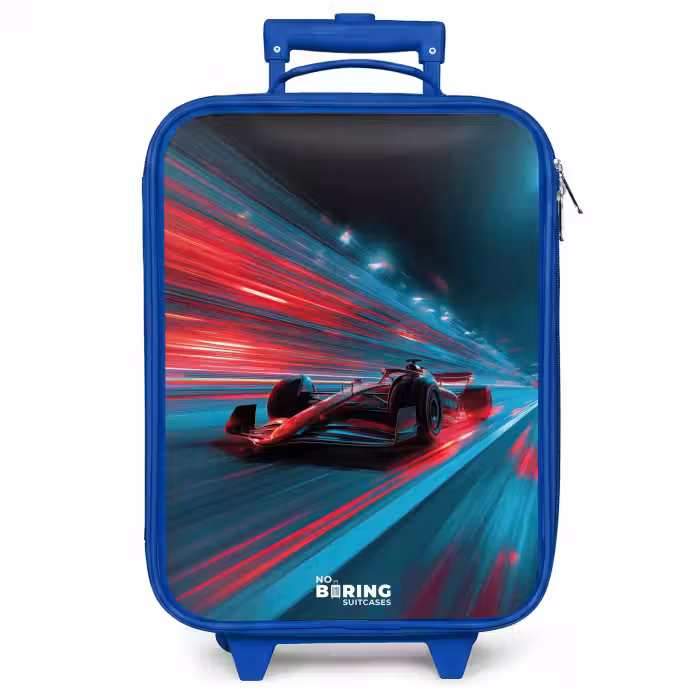 Kinderkoffer Blau - Rennwagen - Strecke - Neon - Beleuchtung