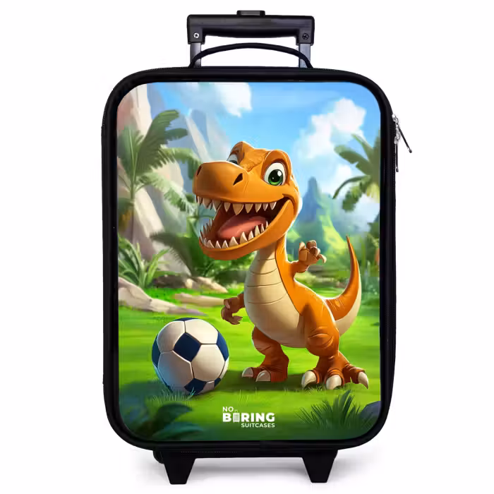 Kinderkoffer - Dino mit einem Fußball in grüner Landschaft