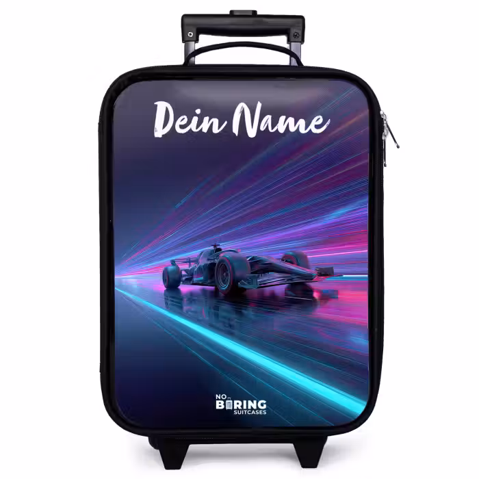 Kinderkoffer mit Name - Lichtbalken - Neon - Rennwagen - Lila
