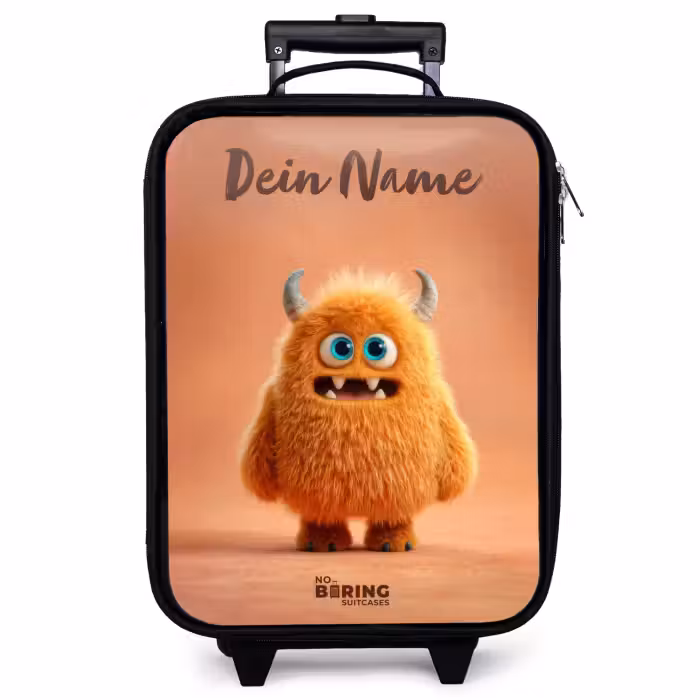 Kinderkoffer mit Name - Orangefarbenes flauschiges Monster mit Hörnern